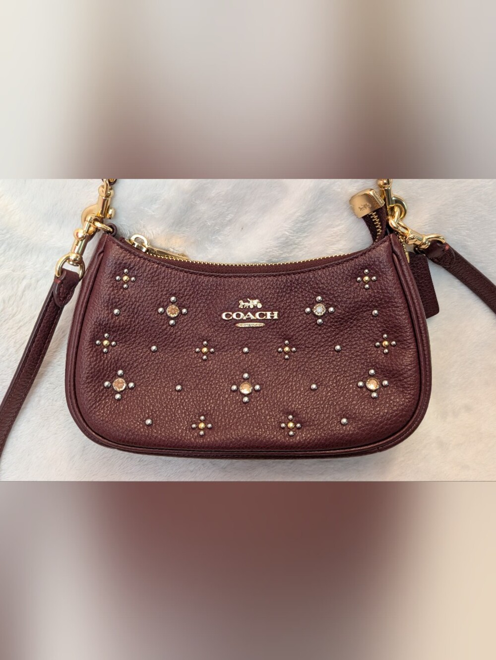 Coach Teri Mini Crossbody Bag Dark Wine Leather Handbag Gems EUC - Picture 3 of 10